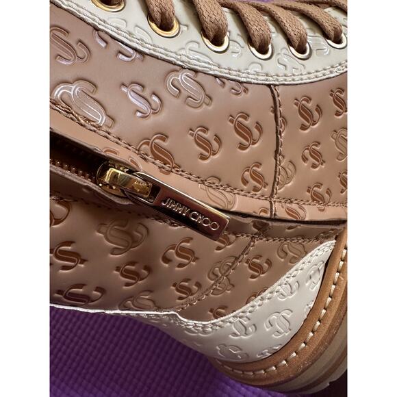 $1196 Jimmy Choo Boots 36.5 Cora Ankle Leather Combar Boots Brown Monogram NEW - Picture 7 of 8